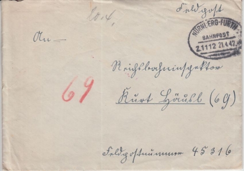 DR - Feldpostbrief Bahnpost Nürnberg-Fürth Hartmannshof - Fp.Nr. 45316 21.4.42