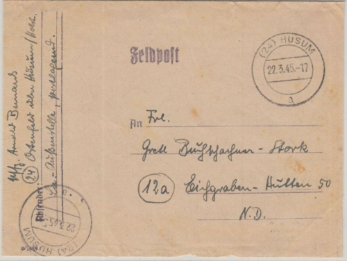DR - (24) Husum 22.3.45 Feldpostbrief n. Eichgraben Niederösterreich - Inhalt