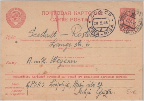 Sowjetunion - 20 Kop. Ganzsache Liepaja 12.4.46 ü. Riga 28.5.46 n. Rostock (!!)