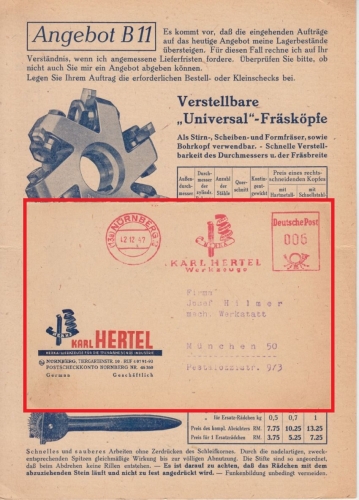 All.Bes. - Nürnberg 12.12.47 6 Pfg. AFS Hertel Werkzeuge Werbedrucksache