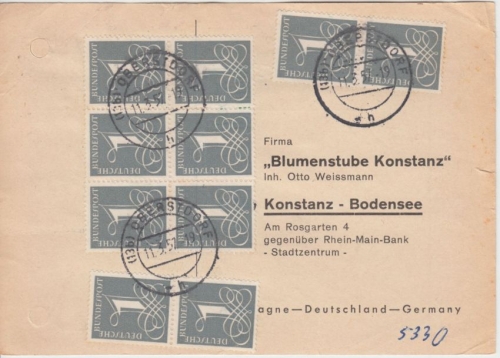 BRD - 10x1 Pfg. Ziffer "Fleurop"-Karte Oberstdorf - Konstanz 11.3.57