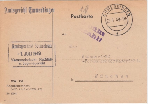 Franz. Zone - Emmendingen 29.6.49 (aptiert) Gebühr bezahlt Karte n. München