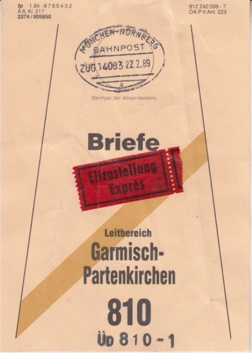 BRD - Bahnpost München Nürnberg 1989 Vorbindezettel Eilbriefe Garmisch
