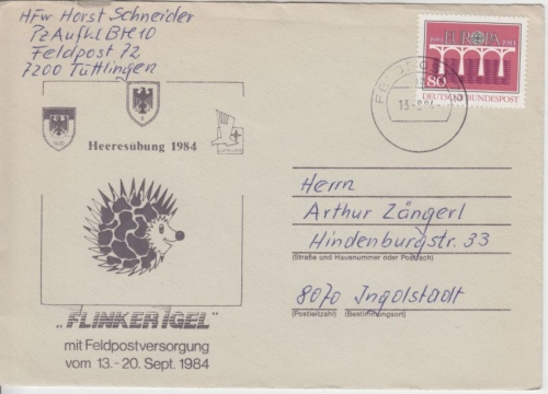 BRD - Bundeswehr Flinker Igel FpA 72 illustr. Brief Tuttlingen - Ingolstadt 1984