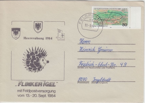 BRD - Bundeswehr Flinker Igel FpA 72 illustr. Brief n. Ingolstadt 1984