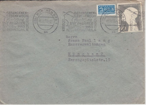 BRD 10 Pfg Kriegsgefangener + entspr. Masch.werbestempel Ortsbrief München 1953