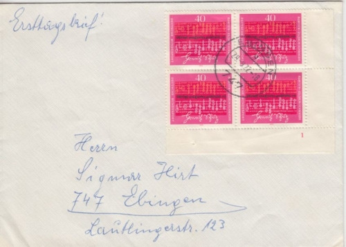 BRD - 40 Pfg. Heinrich Schütz 4er-Block Bogenecke FORMNUMMER FDC Ebingen 29.9.72