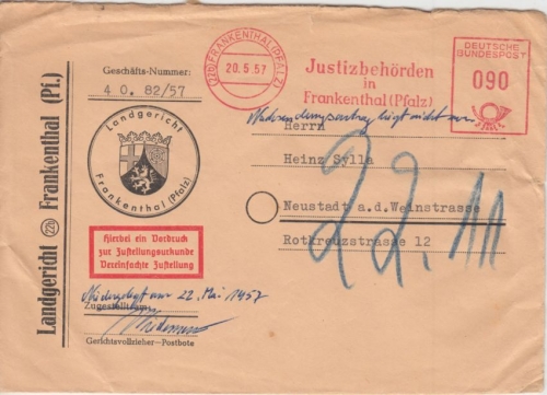 BRD - Frankenthal 90 Pfg. AFS Justizbehörden Zustellurkunde n. Neustadt 1957