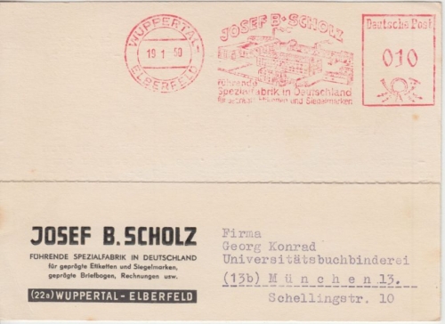 BRD - Wuppertal-Elberfeld 10 Pfg. AFS Scholz Spezialfabrik Karte n. München 1950