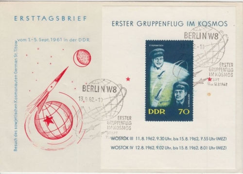 DDR - 1. Gruppenflug i. Kosmos Blockausgabe Schmuck-FDC ESST Berlin 13.9.62
