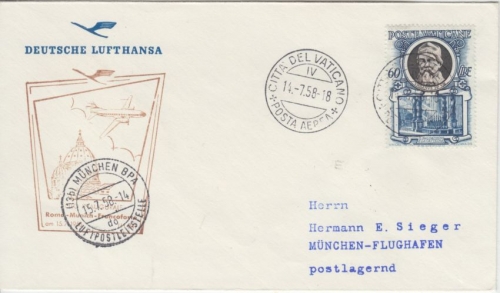 Vatikan - Lufthansa 1st-flight Rom - München 1958 Zuleitung Vatikan !! RR!