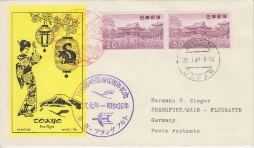 Japan - Lufthansa 1st-flight Tokyo - Frankfurt 25.1.1961 viol. + roter Stempel !