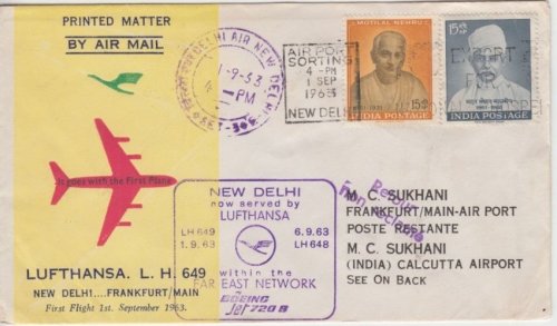 Indien - Lufthansa 1st-flight New Dehli - Frankfurt a/M 1963 Retour New Delhi