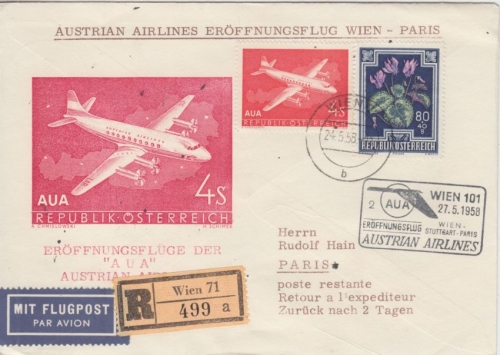 Österreich - AUA Firstflight Wien - Paris 1958 Einschreibebrief