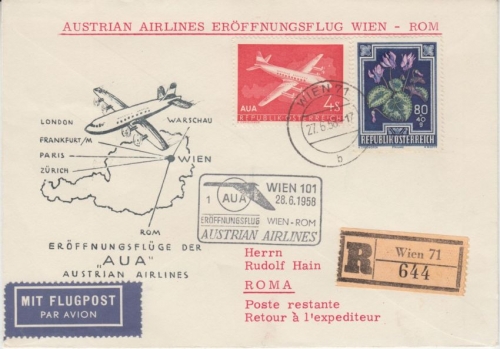Österreich - AUA Firstflight Wien - Rom 1958 Einschreibebrief