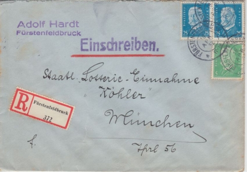 DR - 2x25+5 Pfg. Hindenburg Einschreibebrief Fürstenfeldbruck - München 1932