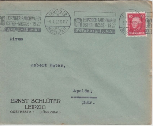 DR - Leipzig 1927 Rauchwaren-Oster-Messe Masch.werbestempel Brief n. Apolda
