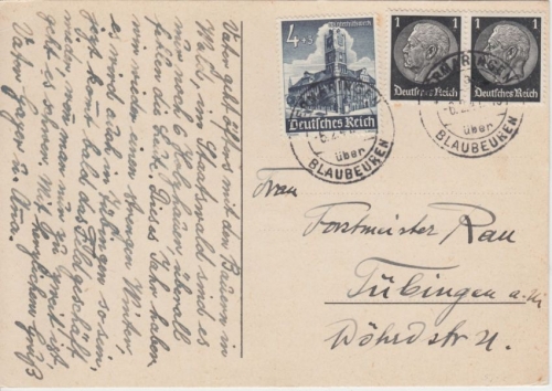 DR - Bermaringen ü. Blaubeuren 1941 Poststelle I Karte n. Tübingen