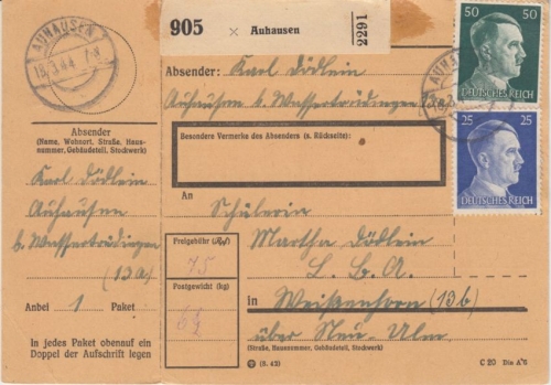 DR - 50+25 Pfg. AH Paketkarte Auhausen - Weißenhorn 18.3.44