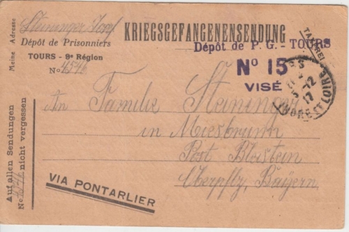 Frankreich - Kriegsgefangenenkarte Vordruck Lager Tours n. Miesbrunn 1917