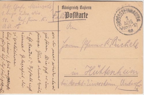 Bayern - Grosssteinhausen 1916 K1 Feldpostkarte n. Hüttenheim