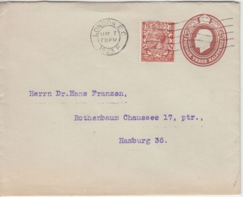 England - 1/2 P. George V. Perfin + Ganzsache London - Hamburg 1923