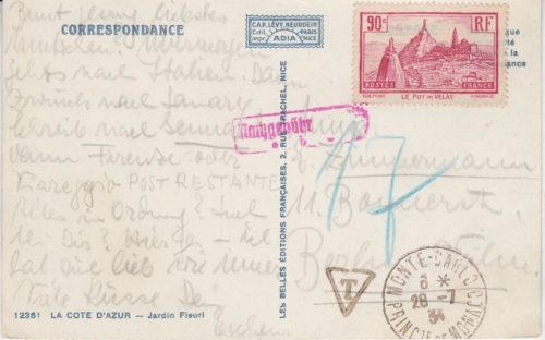 Monaco/Frankreich - 90 C. franz. Freimarke Karte Monte Carlo - Berlin 1934