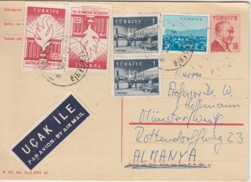 Türkei - 18 Ks. Atatürk Ganzsache + Zusatz Luftpostkarte Ankara - Münster 1960