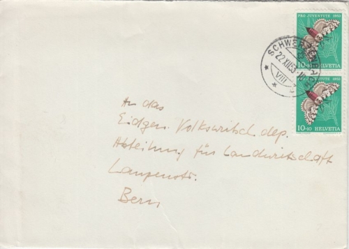 Schweiz - 2x10 Rp. Juventute Nonne Brief Schwerzenbach - Bern 1953