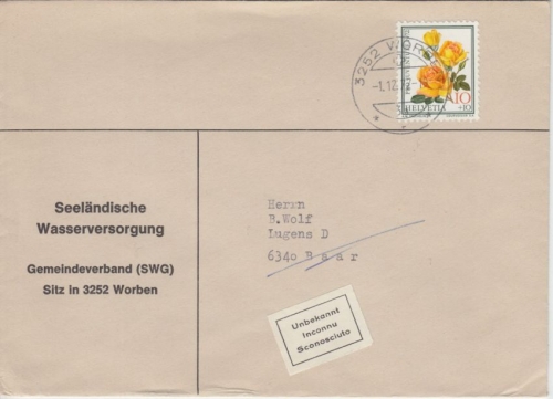 Schweiz - 10 Rp. Juventute Rosen Brief Worben - Baar 1972 Retourzettel "Inconnu"