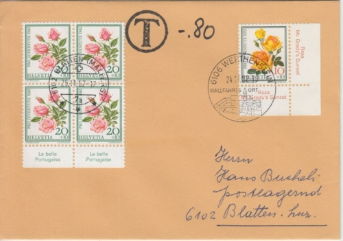 Schweiz - 4x20+10 Rp Juventute Rosen Brief Werthenstein - Blatten 1982 Nachporto
