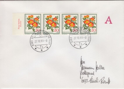 Schweiz - 20 Rp. Juventute Rosen 4er-Streifen Brief Schwarzenberg - Flüeli 1993