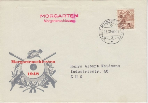 Schweiz - Morgartenschiessen 1948 SST Schmuckkuvert Automobil Postbureau 3