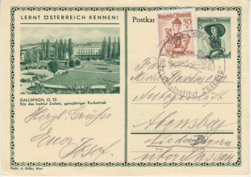 Österreich - 1 S. Trachten Bildganzsache + Zusatz Gallspach - Abensberg 1956