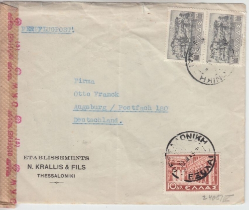 Griechenland - 2x100 Dr. Landschaften .a. Luftpost Zensurbrief Thessaloniki 1943