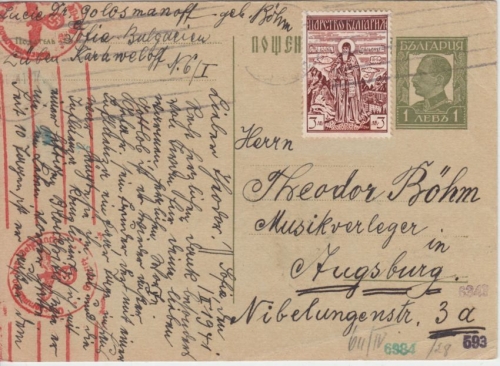 Bulgarien - 1 L. Zar Boris Ganzsache + Zusatz Zensurkarte Sofia - Augsburg 1941