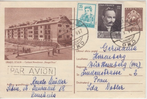 Rumänien - 30 B. Bildganzsache + Zusatz Luftpostkarte Sibiu - Herrenberg 1957