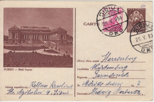 Rumänien - 30 B. Bildganzsache + Zusatz Sibiu - Herrenberg 1956
