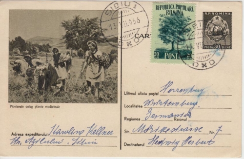 Rumänien - 30 B. Bildganzsache + Zusatz Sibiu - Herrenberg 13.7.1956
