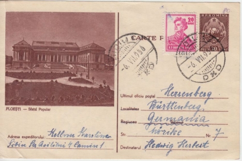 Rumänien - 30 B. Bildganzsache + Zusatz Sibiu - Herrenberg 6.7.1956