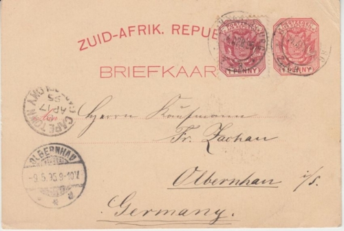 Transvaal - 1 P. Ganzsache + Zusatz Johannesburg - Olbernhau 1895