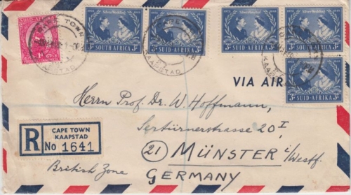 Südafrika 3 P. Silberhochzeit Zusammendrucke u.a. Luftpost Einschreibebrief 1948