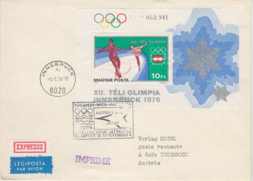 Ungarn - AUA Sonderflug Budapest Wien Innsbruck 1976 Block Eiskunstlauf