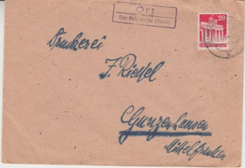 Bizone - Ort über Helmbrechts Landpost-Ra2 Brief n. Gunzenhausen 1948