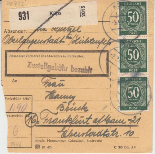 All.Bes. - 3x50+40 Pfg. Ziffer Paketkarte Küps - Frankafurt a/M. 1946