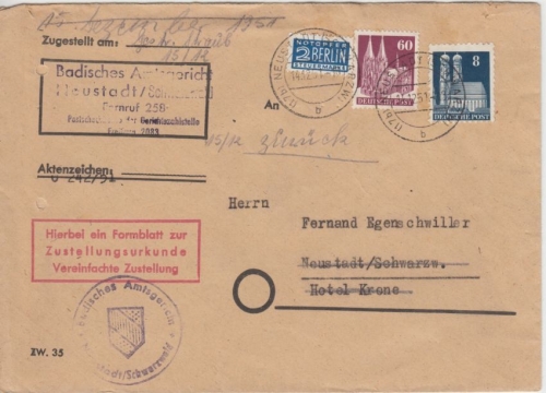 Bizone - 60+8 Pfg. Bauten Zustellurkunde Ortsbrief Neustadt Schwarzw. 1951