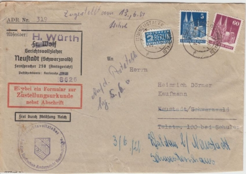 Bizone - 60+5 Pfg. Bauten Zustellurkunde Ortsbrief Neustadt Schwarzw. 1950