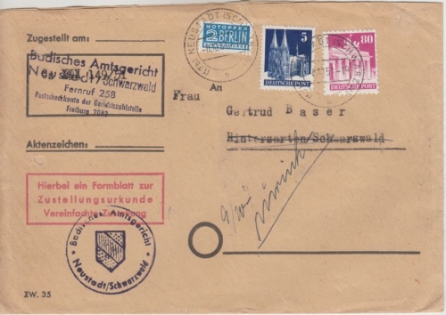 Bizone - 80+5 Pfg. Bauten Zustellurkunde Neustadt Schwarzw. - Hinterzarten 1951