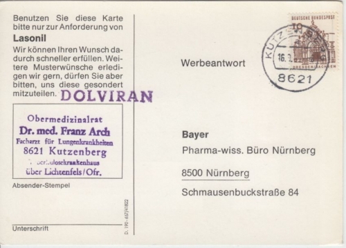 BRD - 8621 Kutzenberg 1967 Pharma-Werbepostkarte (Lasonil Bayer) n. Nürnberg