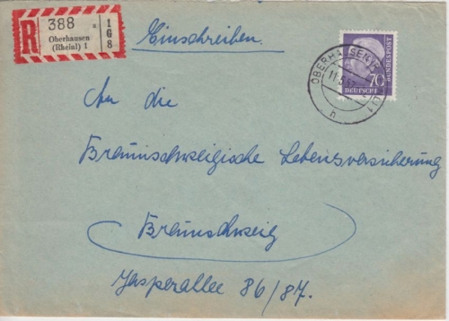 BRD - 70 Pfg. Heuss II Einschreibebrief Oberhausen (Rheinl.) - Braunschweig 1957
